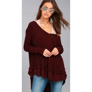 WE THE FREE Burgundy Thermal Long Sleeve V-Neck Top